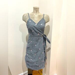 POL Gingham Wrap Dress with Pink FLOWER EMBROIDERY Accents